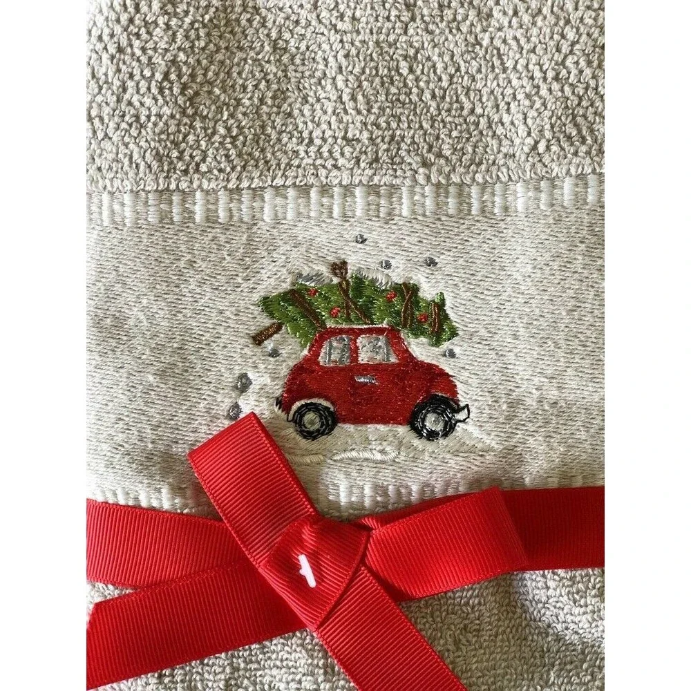 Caro Christmas Tree Fingertip Towels Red Car Embroidered Gray Guestroom Set of 2